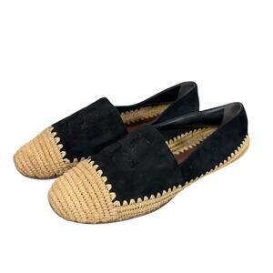Tory Burch Arianne Suede Espadrille Flats Black & Raffia Natural Straw Size 5.5M